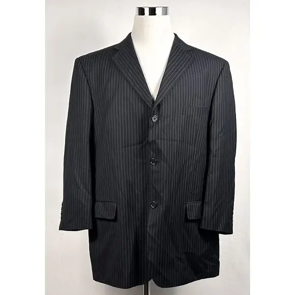 Vicci Uomo 50R Suit 42x28 Pleated Black Striped Wool Three Button Vented